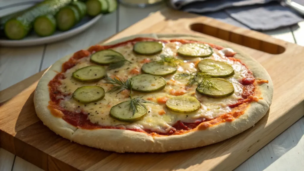 Close-up of a freshly baked pickle pie pizza with golden crust and dill pickles on a wooden board, showcasing the tangy trend.