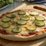 Close-up of a freshly baked pickle pie pizza with golden crust and dill pickles on a wooden board, showcasing the tangy trend.