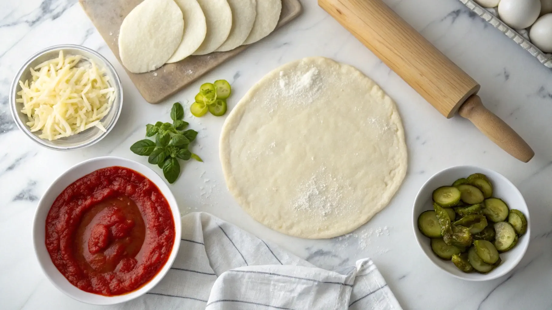 Ingredients for making pickle pie pizza, including dough, pickles, mozzarella cheese, and pizza sauce, on a marble countertop.