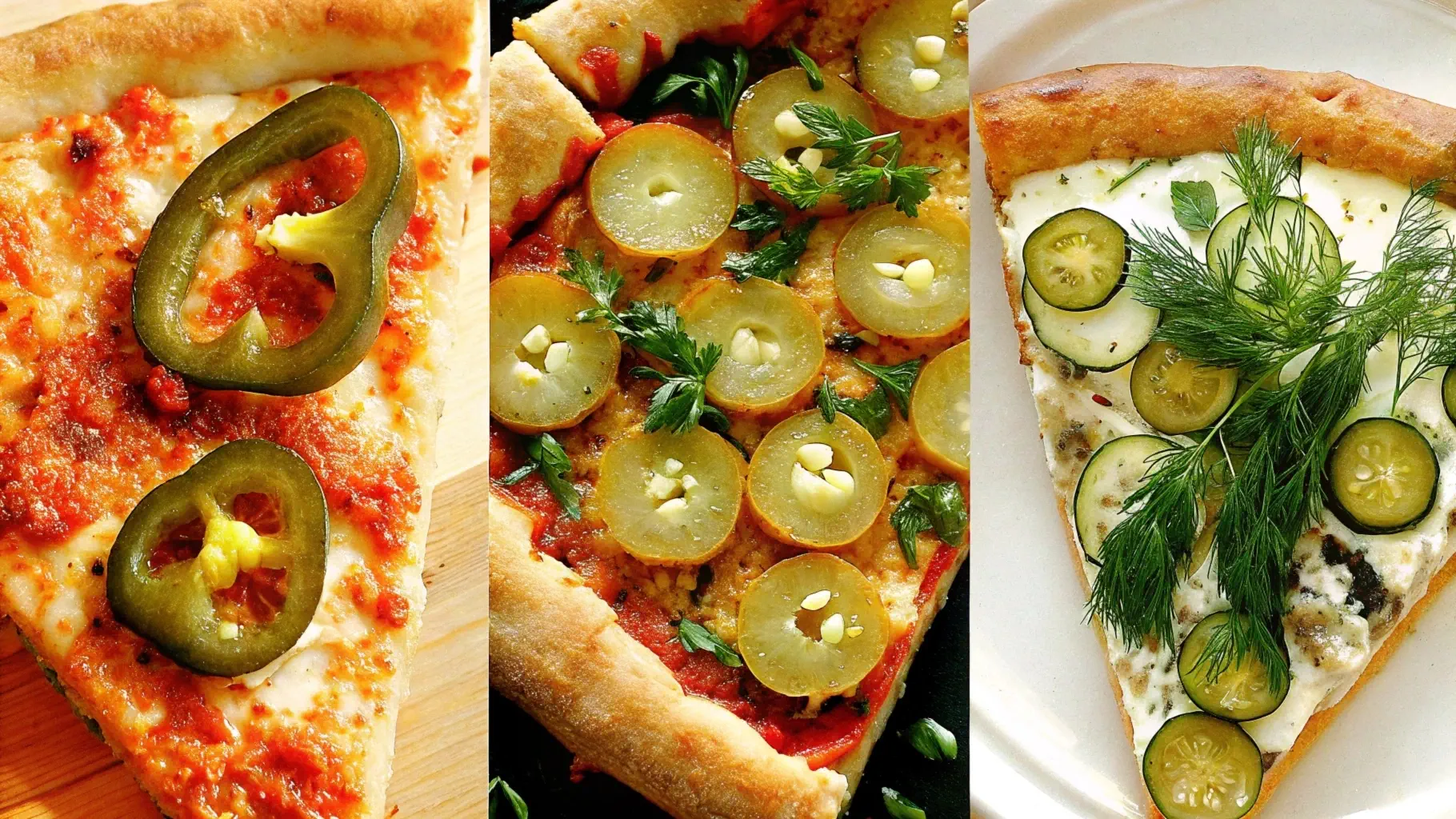 Three slices of pickle pie pizza showcasing spicy, vegan, and gourmet variations on small plates with fresh garnishes.