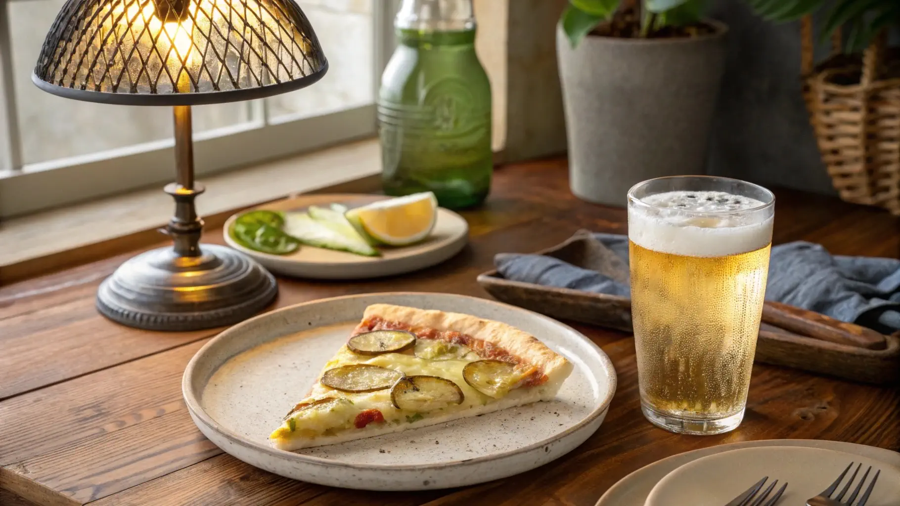 Pickle pie pizza slice paired with a craft beer and sparkling water on a wooden table in cozy, relaxed lighting.