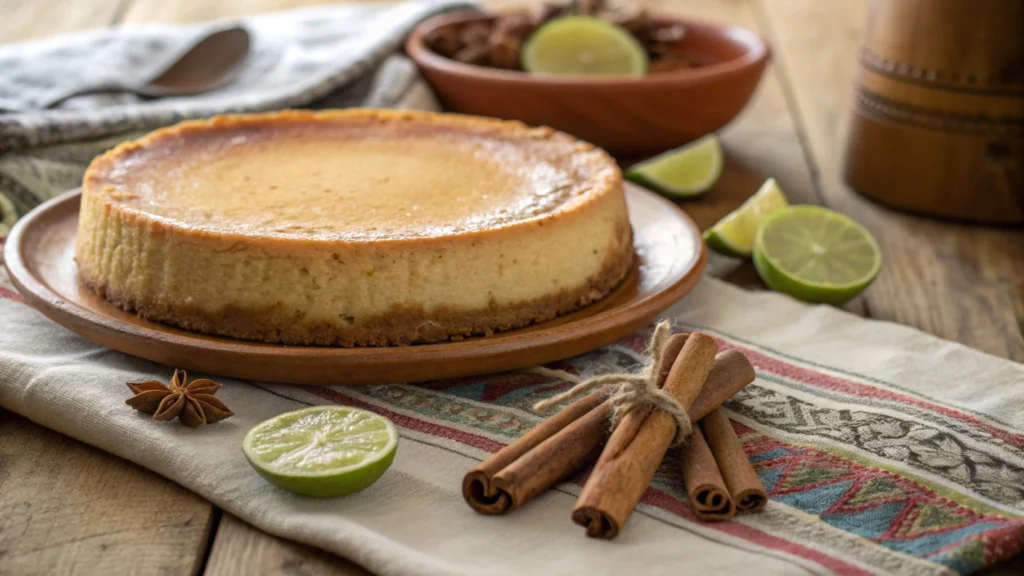 Slice of Mexican cheesecake topped with cinnamon, lime, and fresh berries