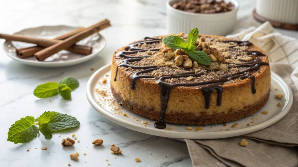 Churro cheesecake slice showcasing its cinnamon sugar crust and creamy filling, with a fork and cinnamon shaker nearby