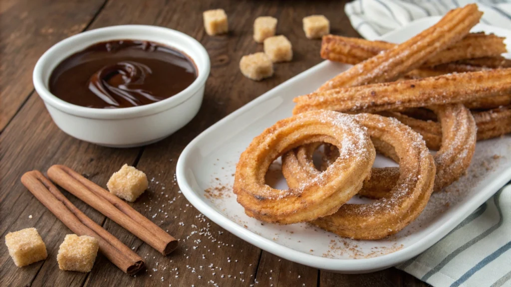 Close-up of crispy churros with cinnamon sugar and chocolate dip on a white plate, placed on a rustic wooden table