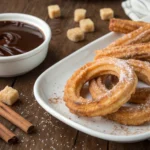 Close-up of crispy churros with cinnamon sugar and chocolate dip on a white plate, placed on a rustic wooden table