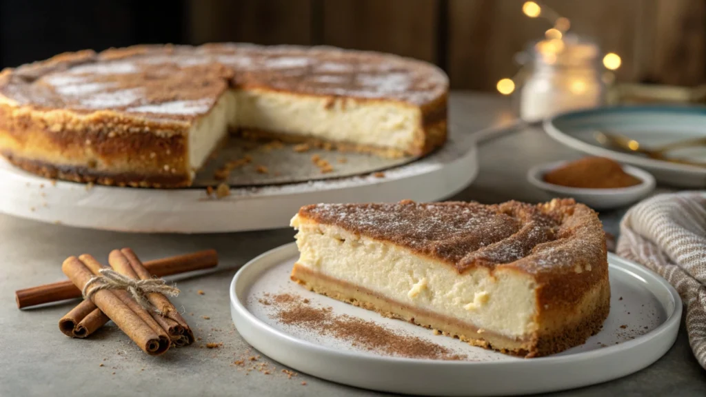 Churro cheesecake slice with a cinnamon-sugar topping