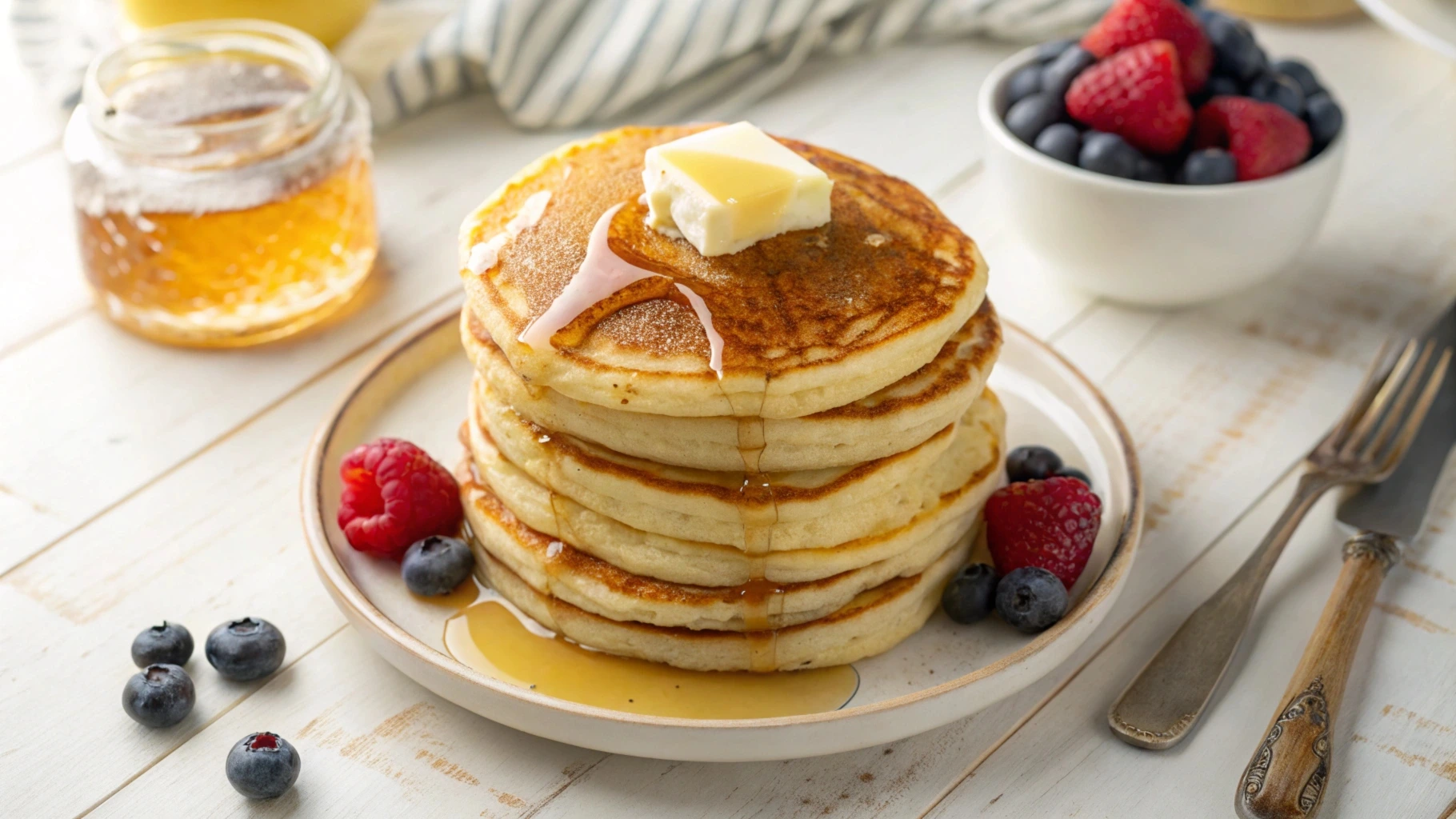 Fluffy stack of pancakes with melting butter, syrup drizzle, and fresh berries on a wooden kitchen counter.