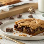 Viral crookie with a golden-brown cookie exterior and gooey brownie center, served on a white plate with crumbs scattered around.