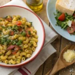 Close-up overhead view of ditalini and salad macaroni bowls with fresh herbs and olive oil on a rustic wooden table