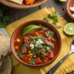 A steaming bowl of birria taco soup with tender meat, vegetables, and toppings like cilantro, lime, and cheese.