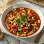 Delicious bowl of pasta e fagioli made with ditalini pasta, served with crusty bread on a wooden table.