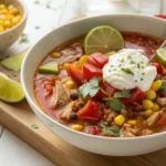 Steaming bowl of taco soup with corn, bell peppers, tomatoes, and sour cream