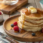 A stack of fluffy flapjacks topped with butter and syrup, served with fresh berries on a rustic plate.