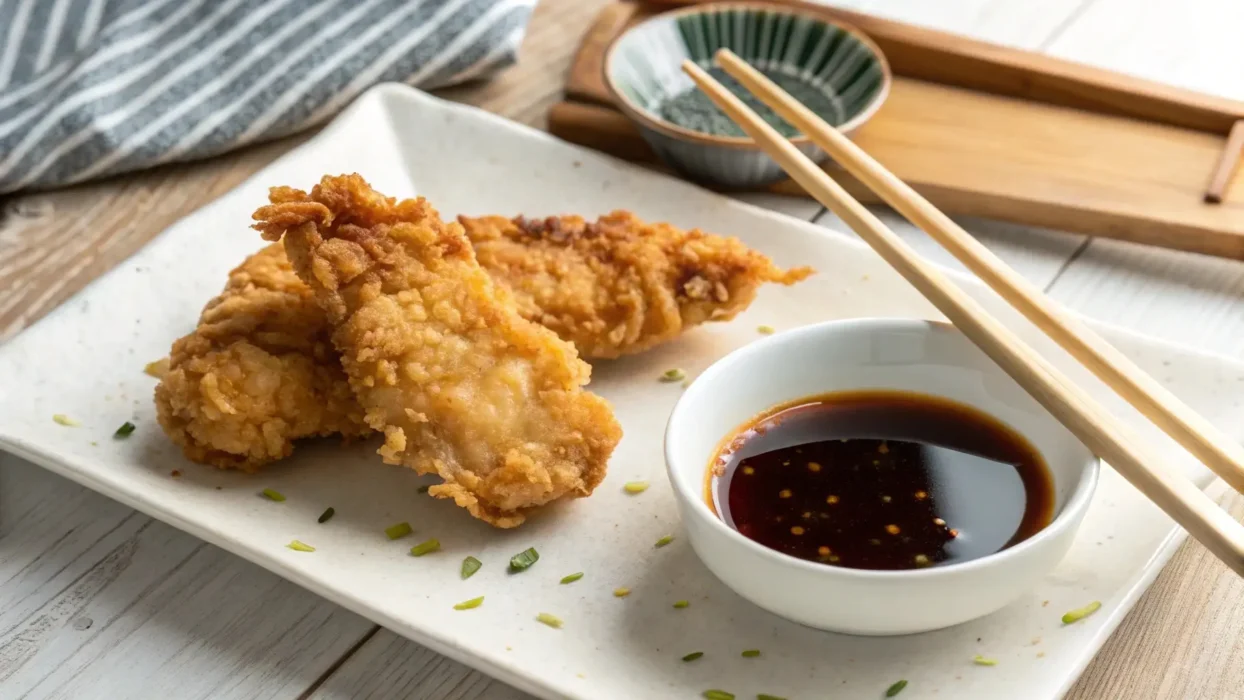 How to Eat Tempura Chicken? Golden crispy tempura chicken with dipping sauce and chopsticks