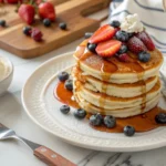 Stack of fluffy pancakes with syrup, fresh berries, and whipped cream on a wooden kitchen counter.