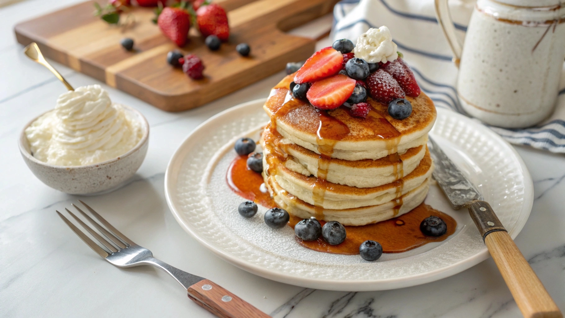 Stack of fluffy pancakes with syrup, fresh berries, and whipped cream on a wooden kitchen counter.