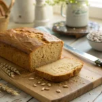 Freshly baked wheatberry bread on a rustic wooden cutting board