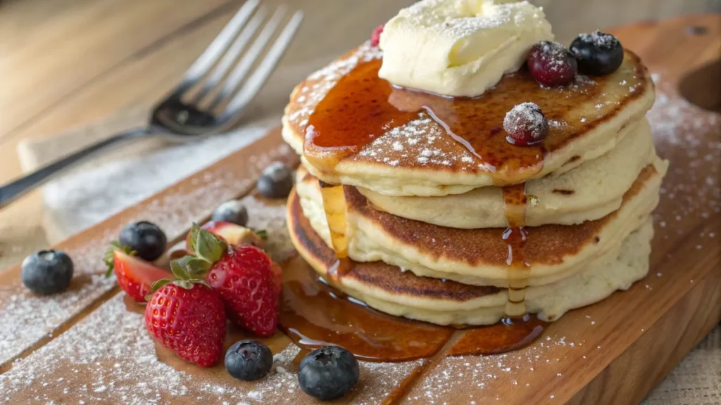 Fluffy pancakes stacked high with syrup, butter, and fresh berries on a rustic wooden kitchen counter.