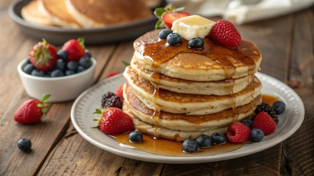 Close-up of a stack of American flapjacks topped with syrup, butter, and fresh berries, placed on a rustic wooden table.