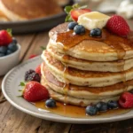 Close-up of a stack of American flapjacks topped with syrup, butter, and fresh berries, placed on a rustic wooden table.