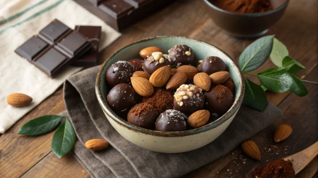 A bowl of glossy chocolate-covered almonds in dark and milk chocolate, surrounded by cocoa powder and whole almonds on a rustic wooden table