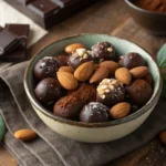 A bowl of glossy chocolate-covered almonds in dark and milk chocolate, surrounded by cocoa powder and whole almonds on a rustic wooden table