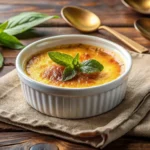 Close-up of Crème Brûlée in a white ramekin with a caramelized crust, garnished with mint and vanilla beans