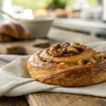 Golden, flaky Nussgipfel pastry filled with nuts, displayed on a rustic wooden table.