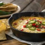 Close-up shot of melted smoked queso in a cast iron skillet, topped with jalapeños and roasted peppers, with tortilla chips on the side