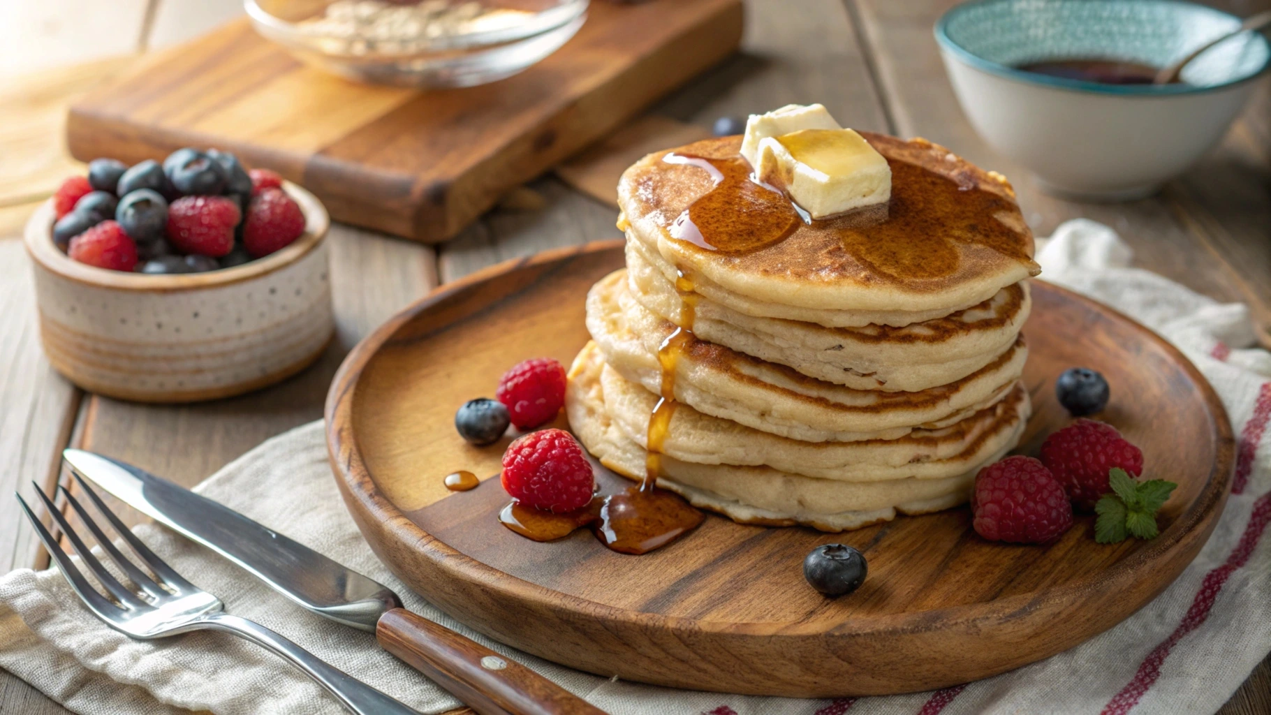 A stack of fluffy flapjacks topped with butter and syrup, served with fresh berries on a rustic plate.