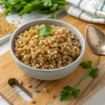 Freshly cooked wheatberries on a rustic wooden cutting board