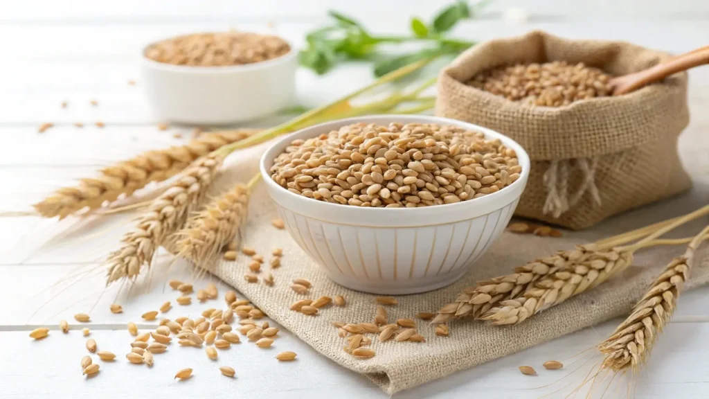 Whole wheatberries in their natural state, highlighting the entire grain structure
