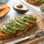 Healthy sweet potato toast with avocado and chia seeds