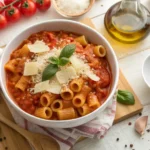 A close-up overhead view of a steaming bowl of ditalini pasta in a rich tomato sauce, garnished with fresh basil and Parmesan cheese.