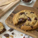 A close-up view of a freshly baked crookie with melted chocolate, served on a wooden board, perfect for cookie lovers.