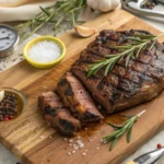 Perfectly grilled arm steak with herbs and spices on a wooden cutting board