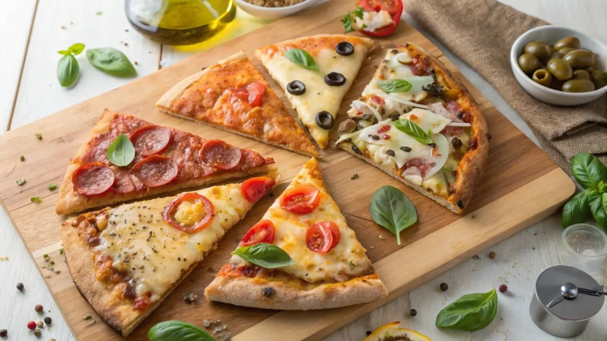 A variety of delicious pizza slices including Margherita, pepperoni, veggie delight, Hawaiian, and BBQ chicken