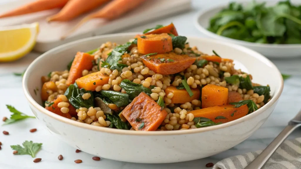 What Does Wheatberry Taste Like? Wheatberries mixed with roasted carrots and sautéed spinach, highlighting their nutty and earthy flavors