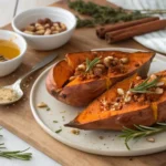 Baked sweet potatoes with crispy skins, garnished with rosemary and olive oil, served on a rustic wooden cutting board.