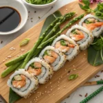 A close-up overhead shot of delicious tempura rolls with shrimp, asparagus, and sweet potato, served on a wooden cutting board with soy sauce and garnishes