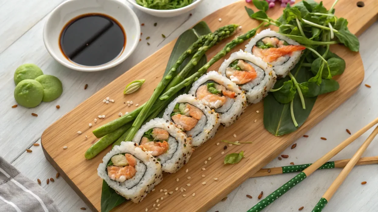 A close-up overhead shot of delicious tempura rolls with shrimp, asparagus, and sweet potato, served on a wooden cutting board with soy sauce and garnishes