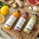 Colorful Immunity Shots With Fresh Fruits and Herbs on a Wooden Cutting Board