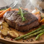 Juicy beef chuck eye steak with roasted vegetables and fresh herbs, served on a wooden cutting board.