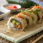 Delicious chicken tempura roll with fresh vegetables and creamy sauce on a bamboo mat