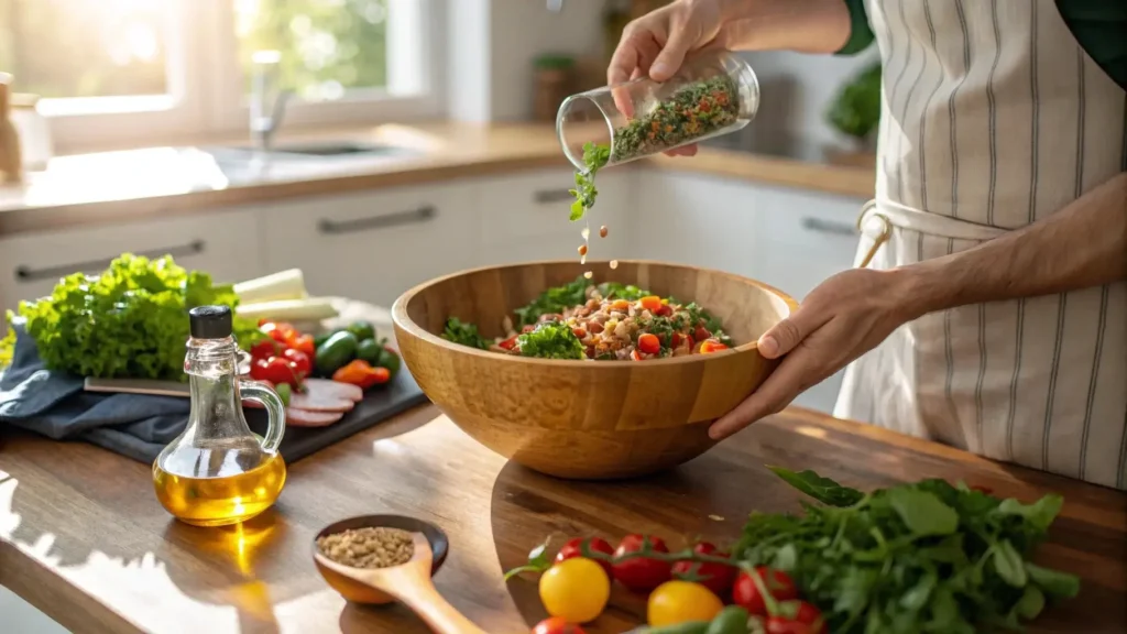 Chef preparing a wheatberry salad with fresh vegetables and herbs