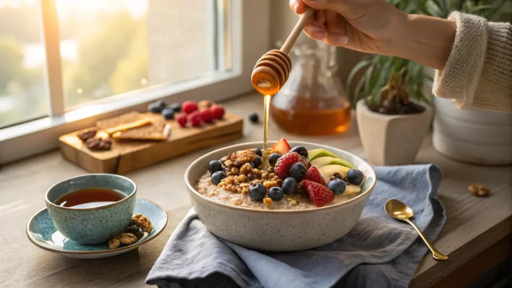 Person enjoying a bowl of wheatberry porridge with fresh fruit and nuts