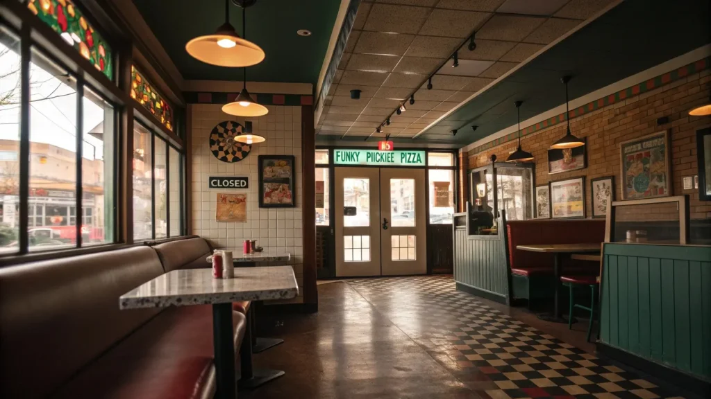 Empty table and closed sign at Funky Pickle Pizza
