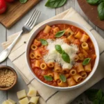 Delicious bowl of ditalini pasta in a rich tomato sauce with fresh basil and Parmesan