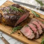 Close-up of a beautifully roasted beef arm roast and shoulder roast side by side on a rustic wooden cutting board