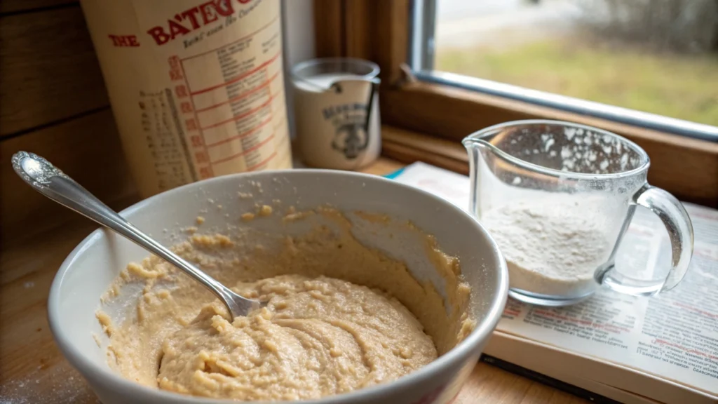 Close-up of thick, lumpy pancake batter in a mixing bowl, showing a cooking mistake that leads to dense flapjacks